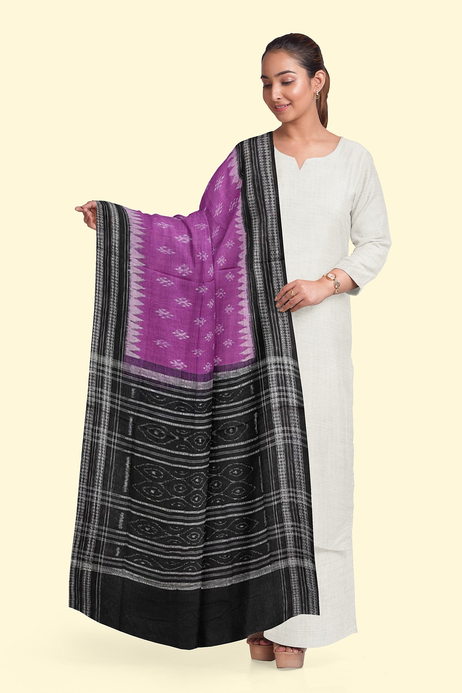 Purple Black Sambalpuri Handwoven Single Ikat Cotton Dupatta Image 3