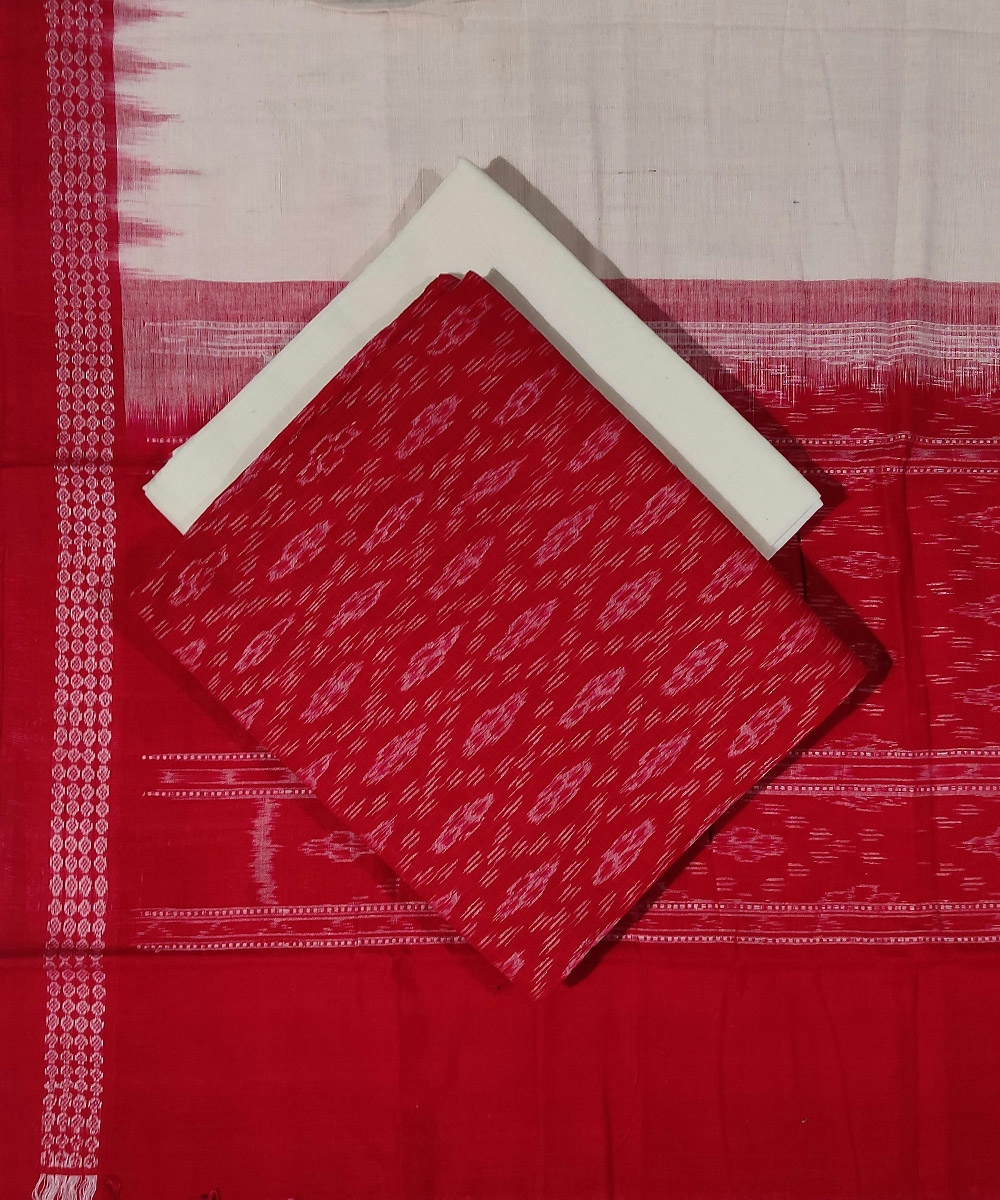 Red Offwhite Sambalpuri Handwoven Single Ikat Suit Set SFCSUT0226