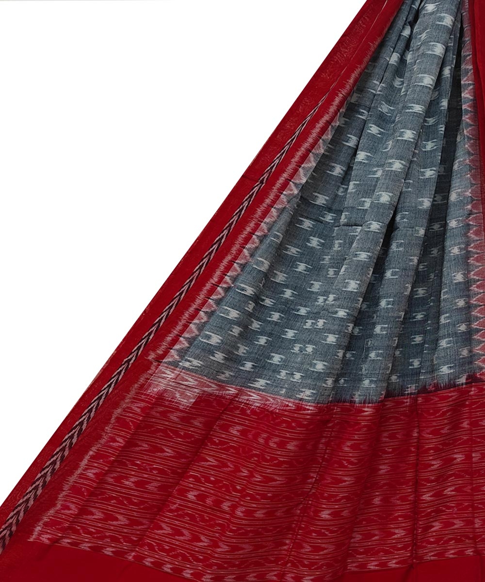 Gray Red Sambalpuri Handwoven Single Ikat Cotton Dupatta SFCDUP2177
