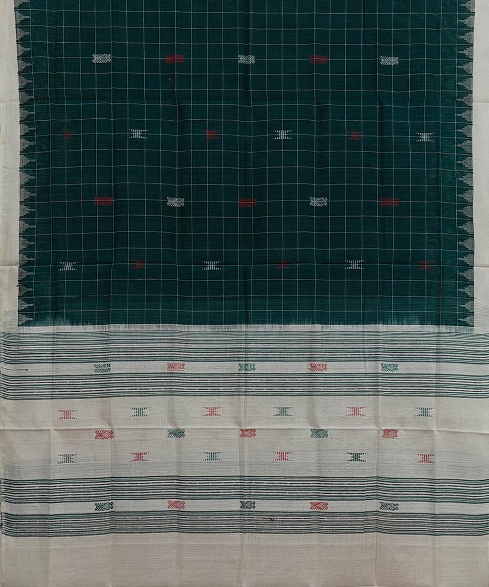 Green White Sambalpuri Handwoven Single Ikat Cotton Dupatta Image 2