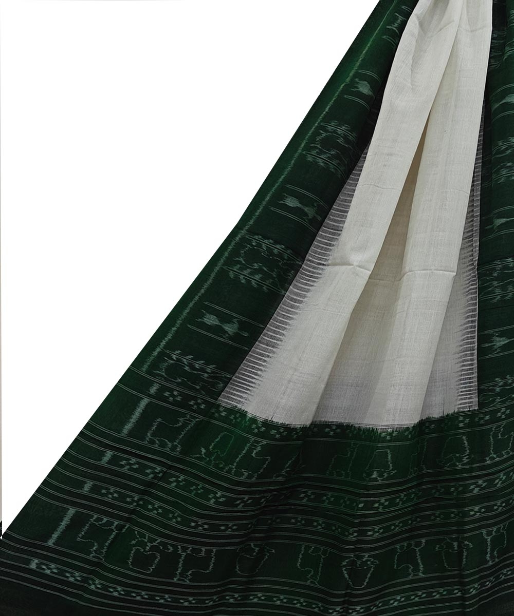 White Green Sambalpuri Handwoven Single Ikat Cotton Dupatta SFCDUP2183