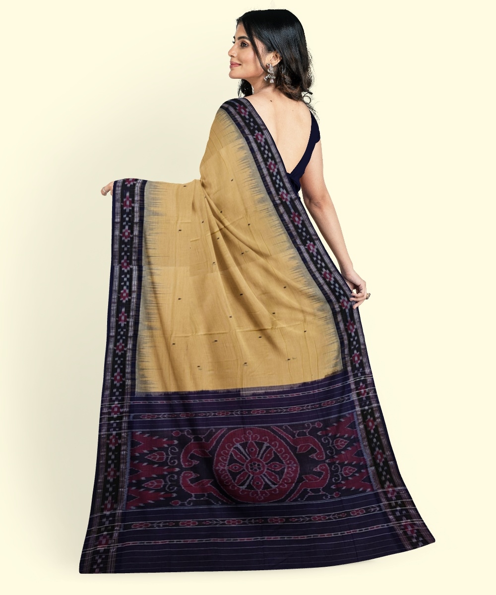 Beige Black Sambalpuri Handwoven Single Ikat Cotton Saree Image 4