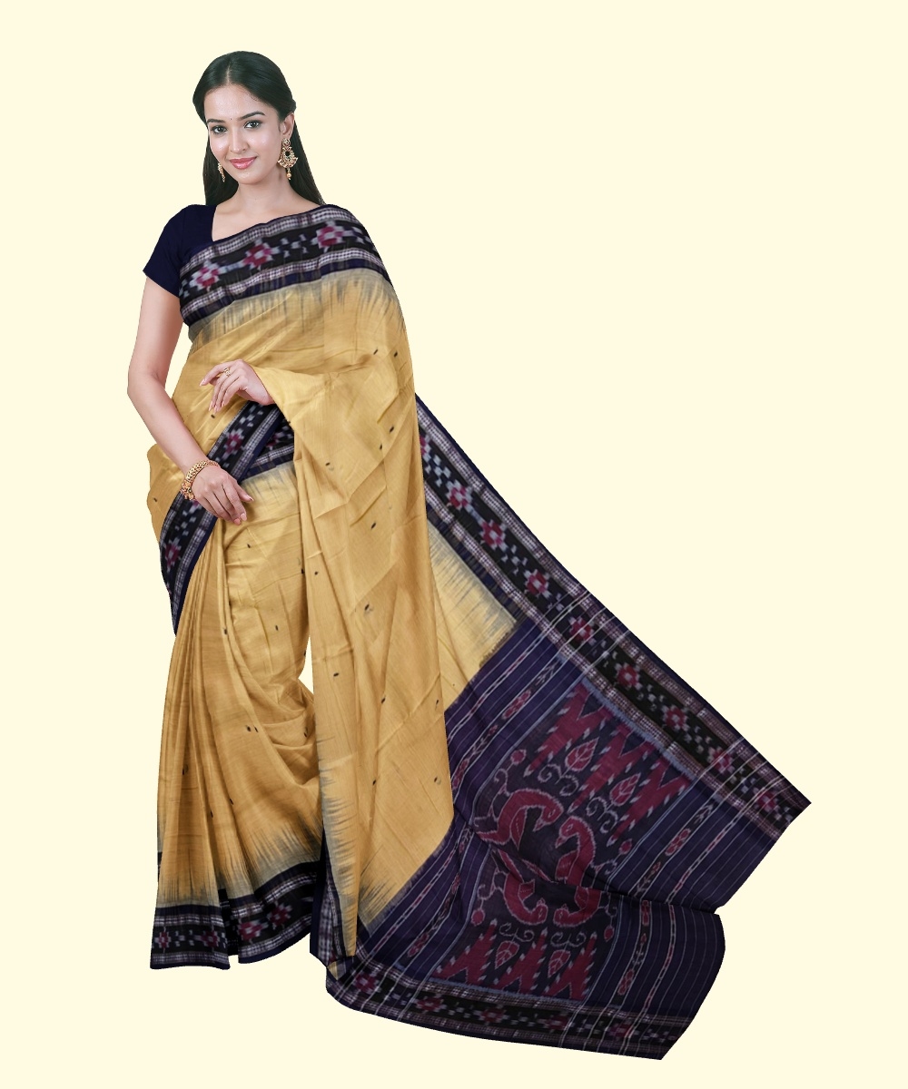Beige Black Sambalpuri Handwoven Single Ikat Cotton Saree Image 1