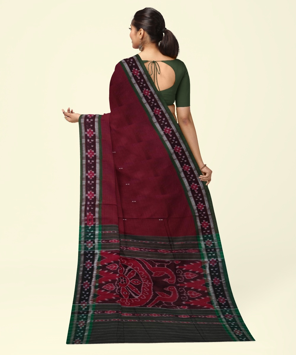 Maroon Green Sambalpuri Handwoven Single Ikat Cotton Saree Image 4