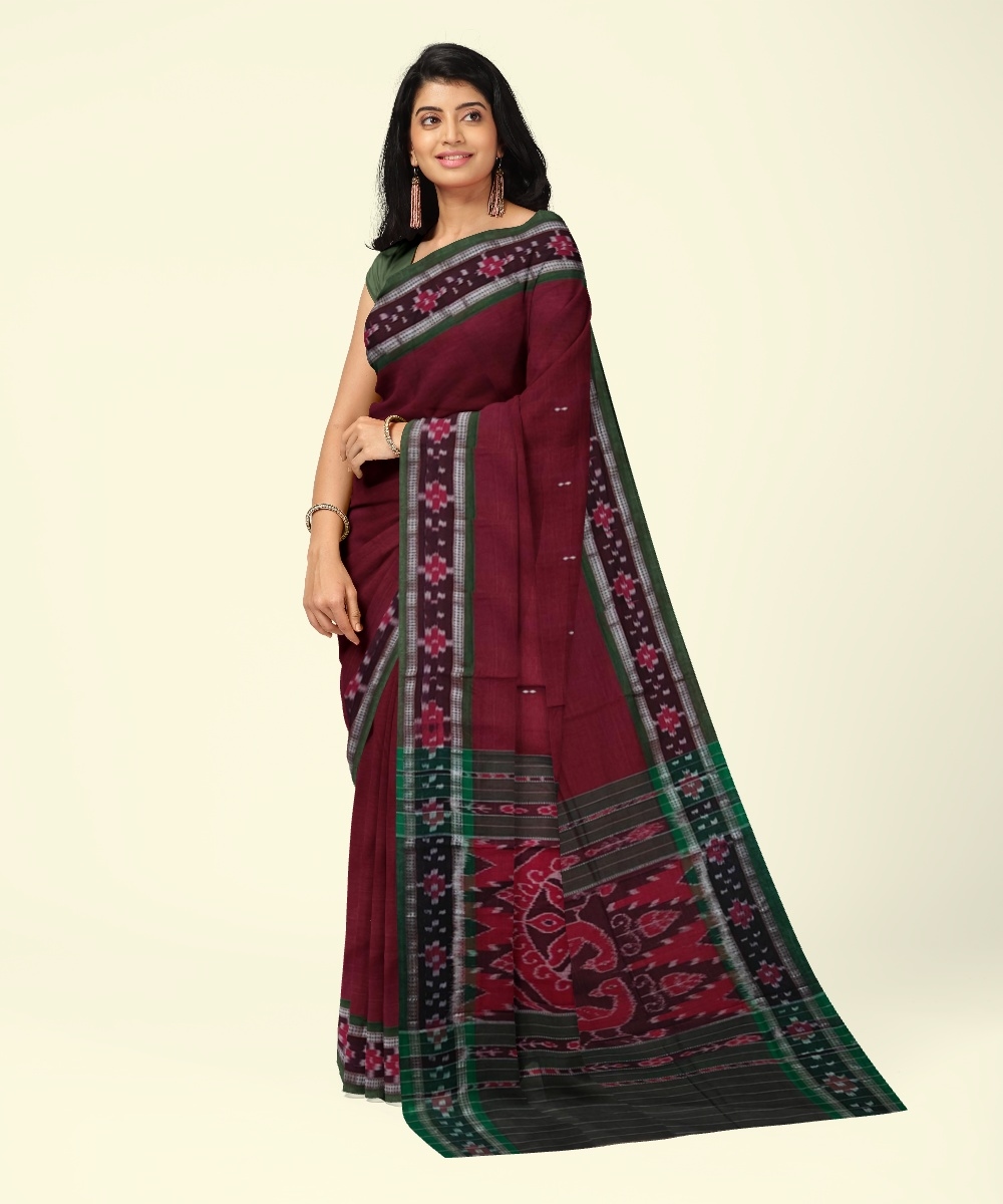 Maroon Green Sambalpuri Handwoven Single Ikat Cotton Saree Image 1