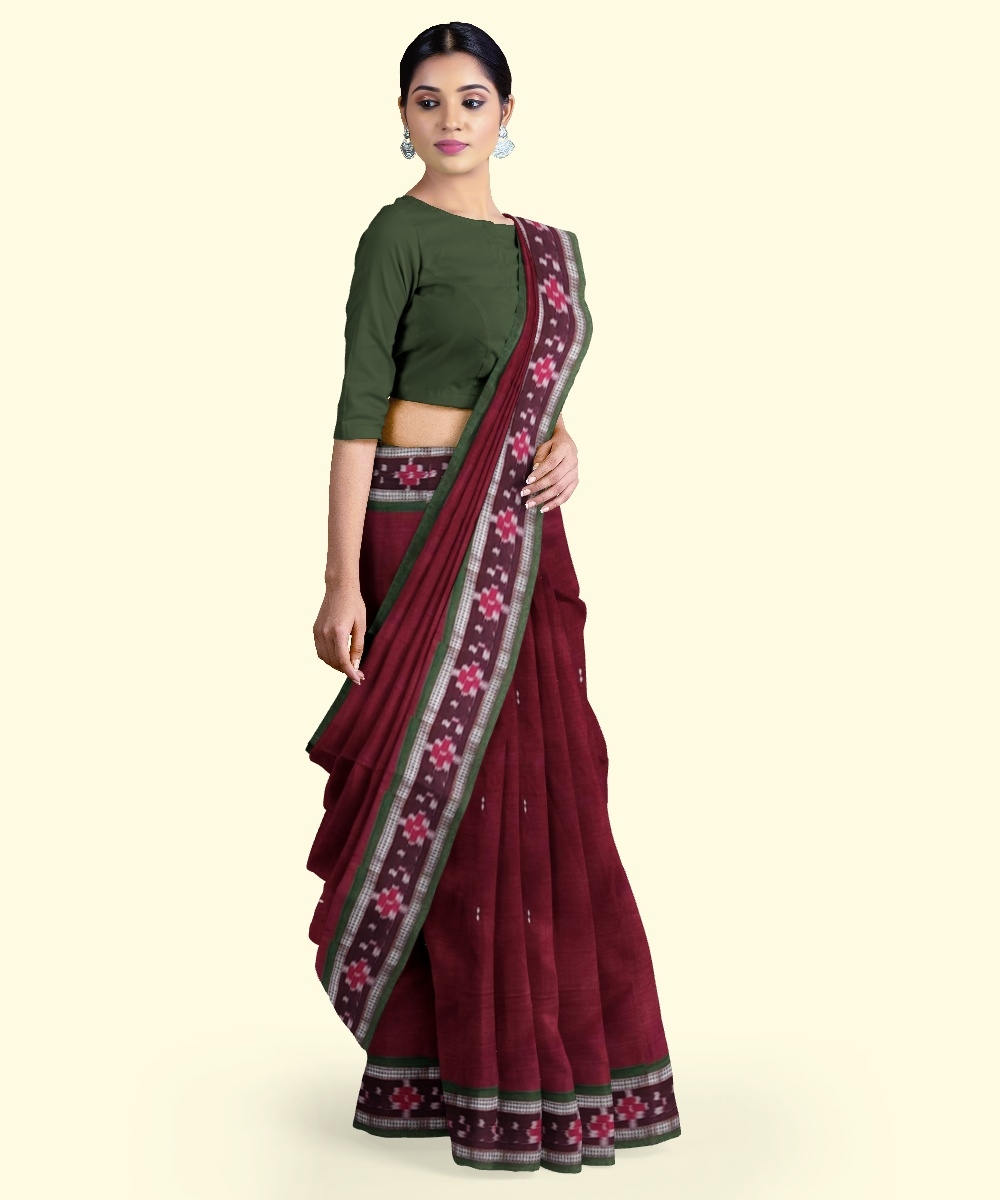 Maroon Green Sambalpuri Handwoven Single Ikat Cotton Saree Image 2