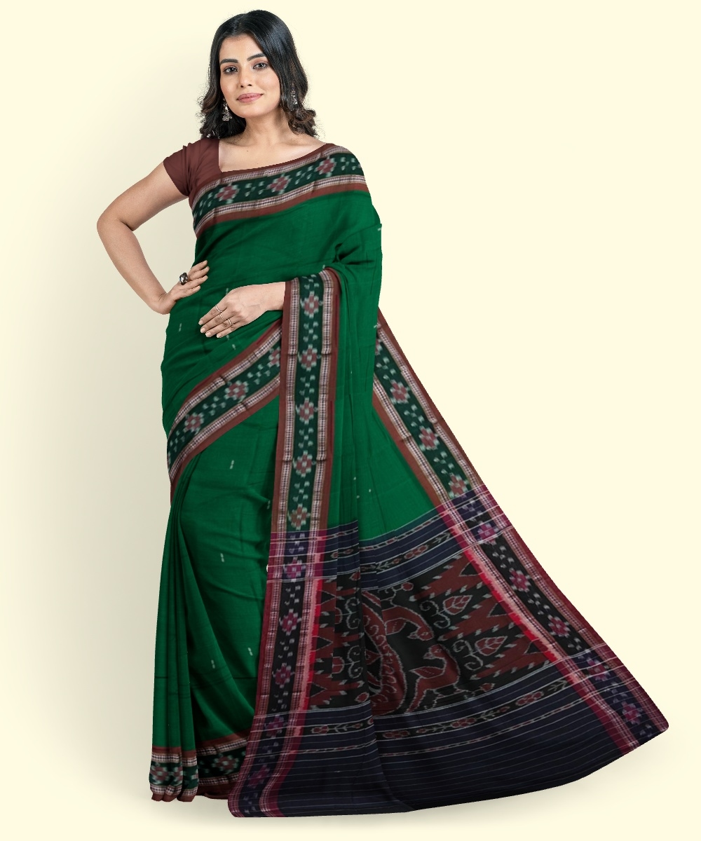 Green Maroon Sambalpuri Handwoven Single Ikat Cotton Saree Image 4