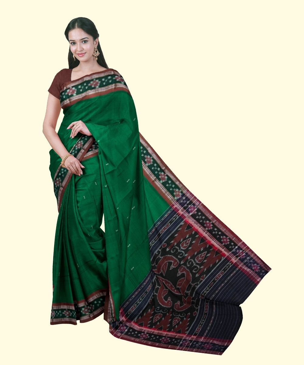 Green Maroon Sambalpuri Handwoven Single Ikat Cotton Saree Image 1