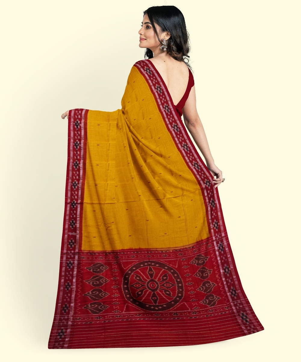 Yellow Red Sambalpuri Handwoven Single Ikat Cotton Saree Image 4
