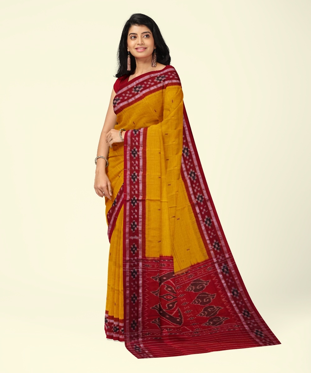 Yellow Red Sambalpuri Handwoven Single Ikat Cotton Saree Image 1
