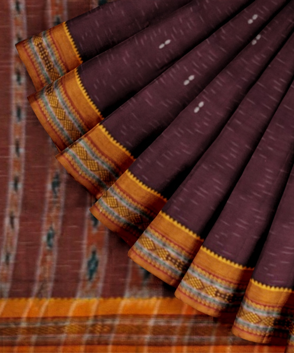 Maroon Yellow Sambalpuri Handwoven Single Ikat Cotton Saree Image 3