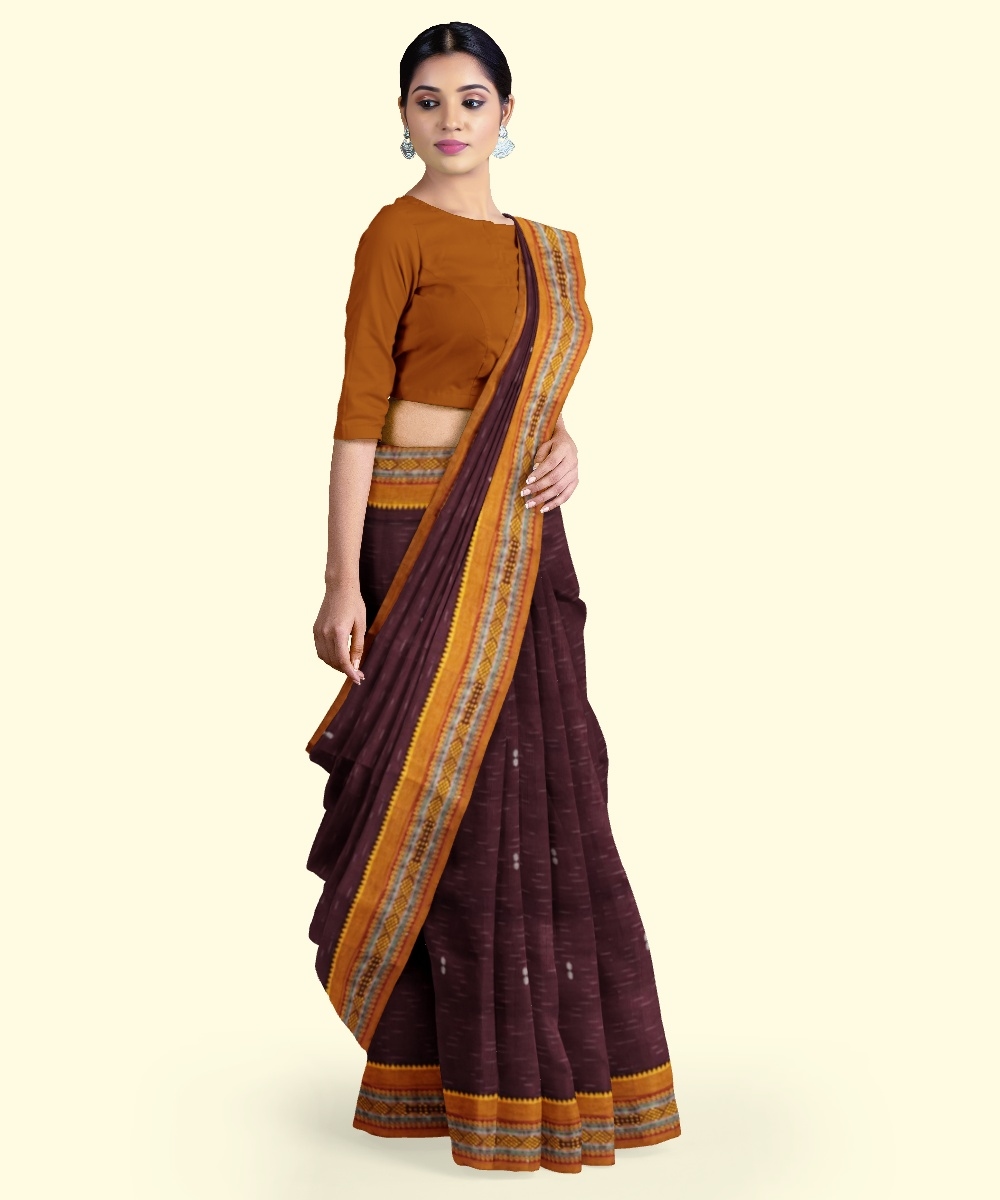 Maroon Yellow Sambalpuri Handwoven Single Ikat Cotton Saree Image 2
