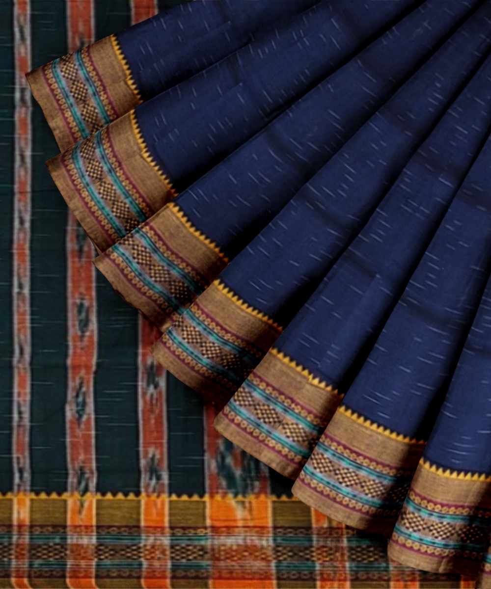 Blue Yellow Sambalpuri Handwoven Single Ikat Cotton Saree Image 2