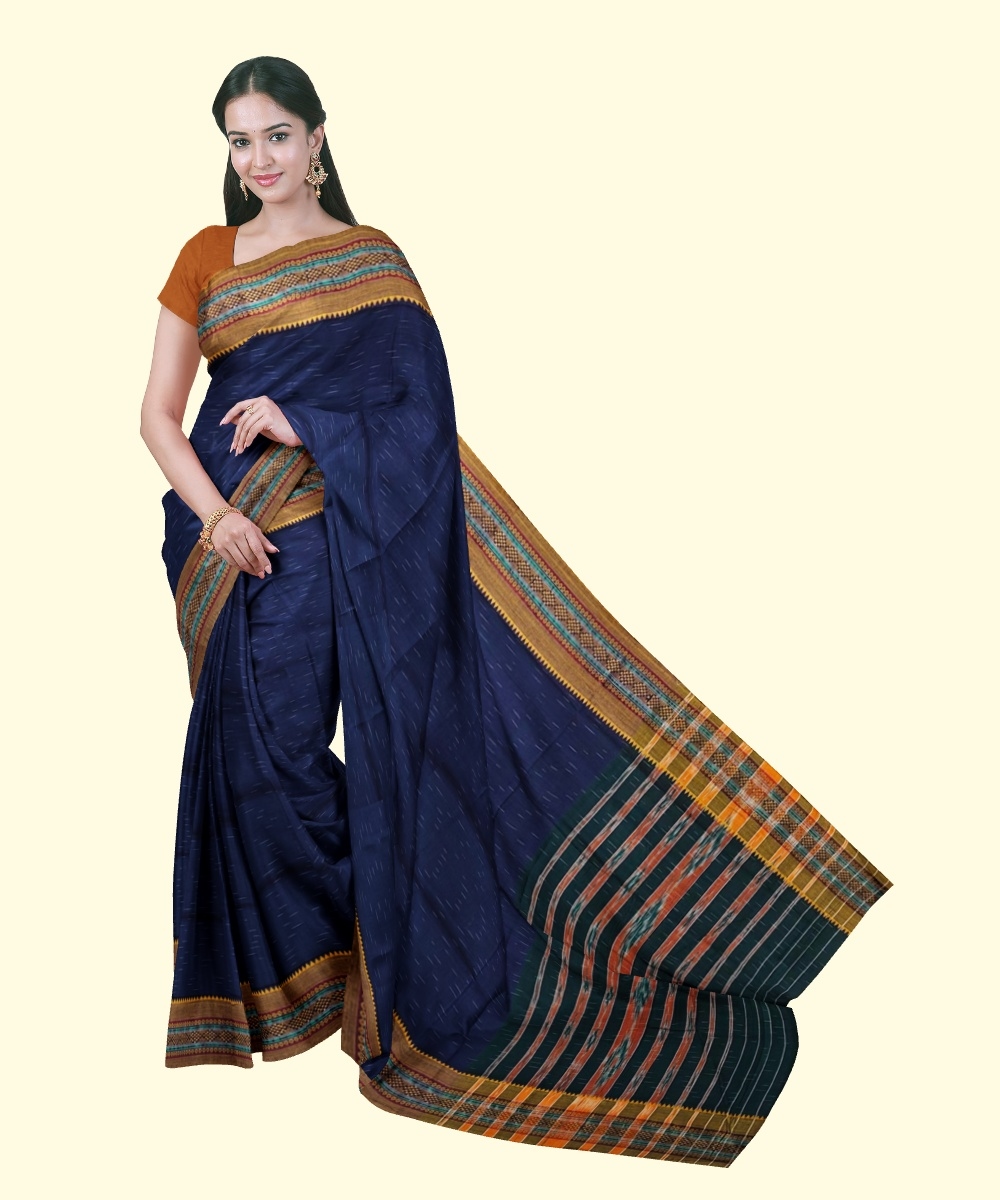 Blue Yellow Sambalpuri Handwoven Single Ikat Cotton Saree Image 1