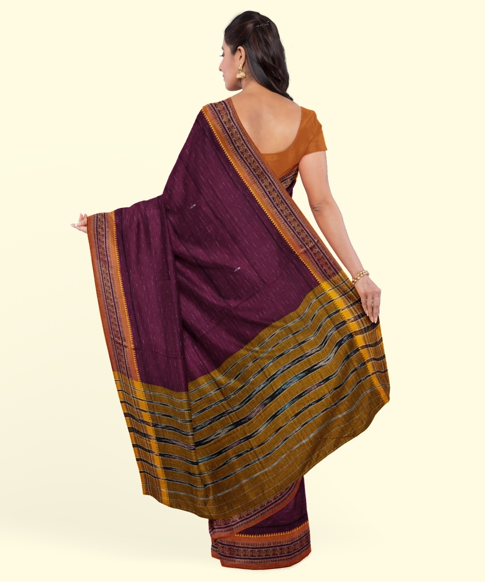 Purple Yellow Sambalpuri Handwoven Single Ikat Cotton Saree Image 4