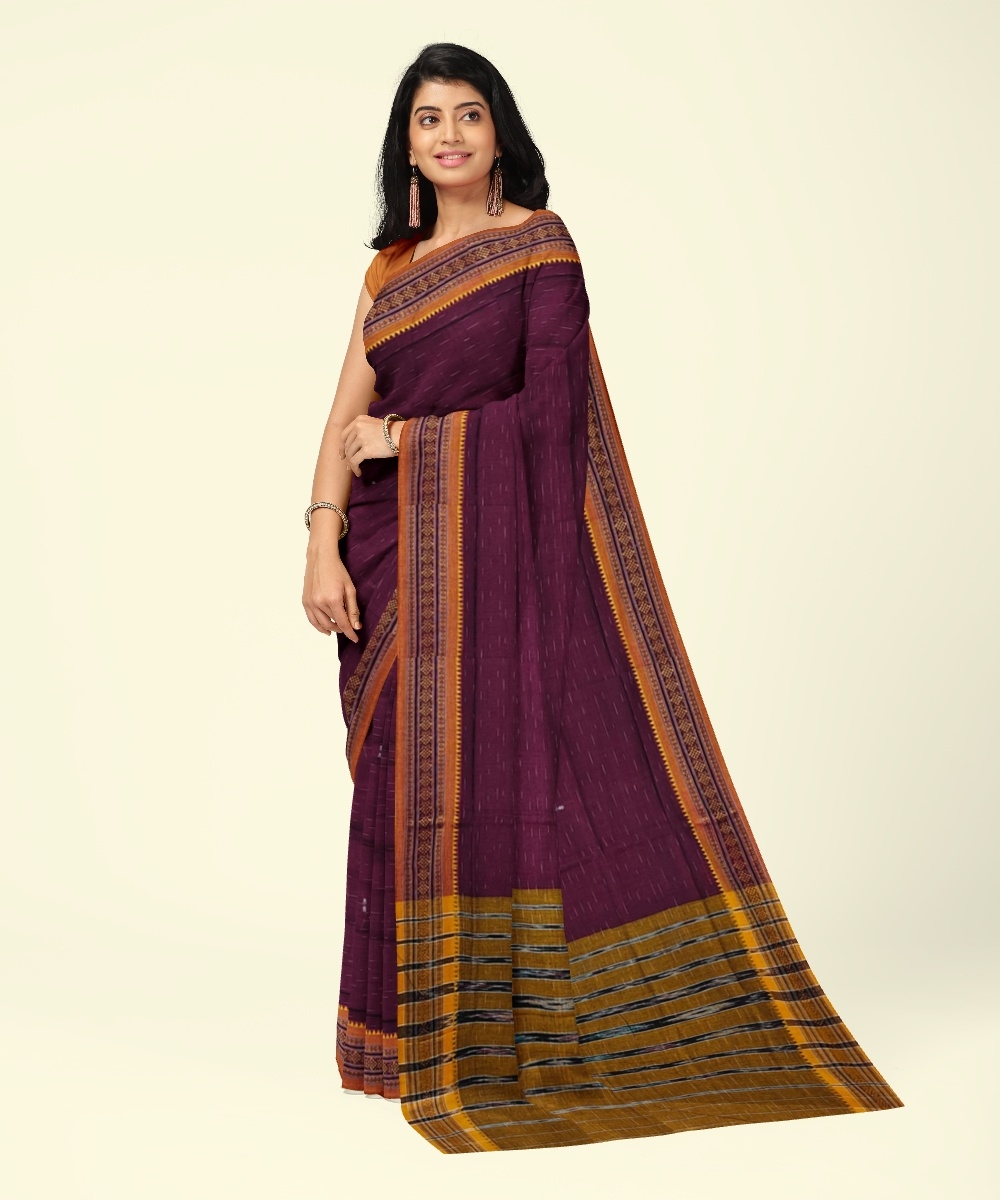 Purple Yellow Sambalpuri Handwoven Single Ikat Cotton Saree Image 1