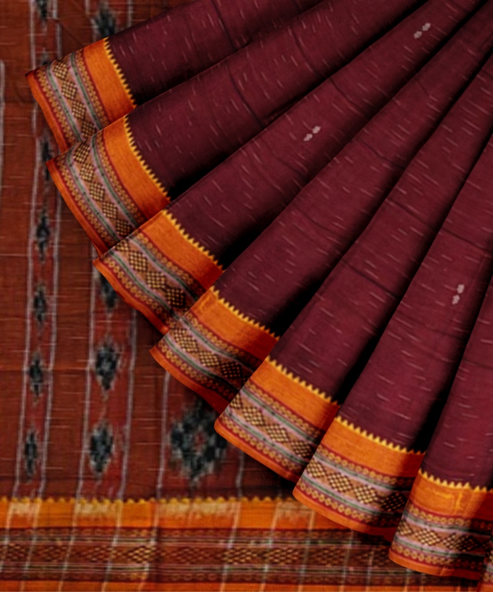 Maroon Orange Sambalpuri Handwoven Single Ikat Cotton Saree Image 2