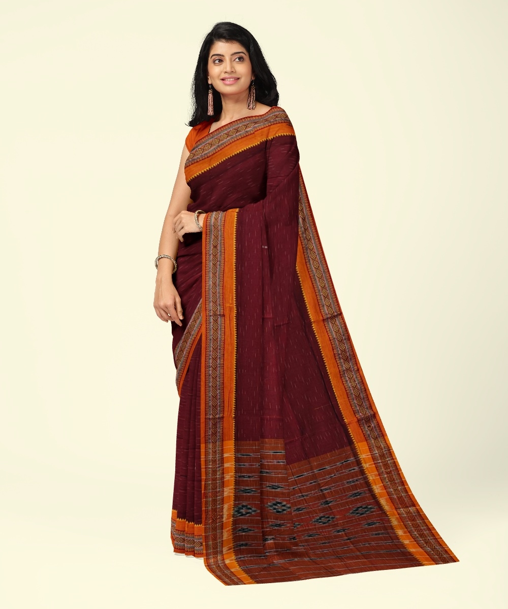 Maroon Orange Sambalpuri Handwoven Single Ikat Cotton Saree Image 1