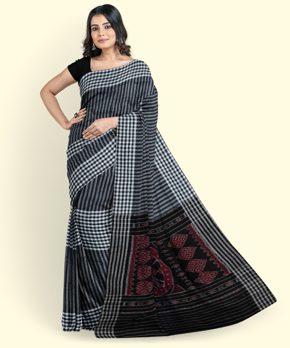 Gray Black Sambalpuri Handwoven Single Ikat Cotton Saree Image 4