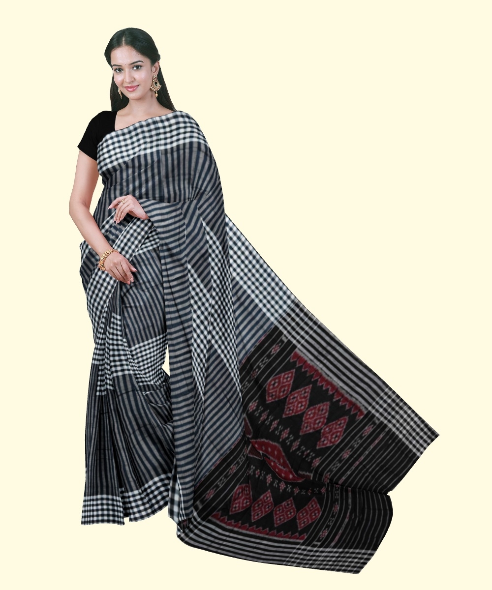 Gray Black Sambalpuri Handwoven Single Ikat Cotton Saree Image 1
