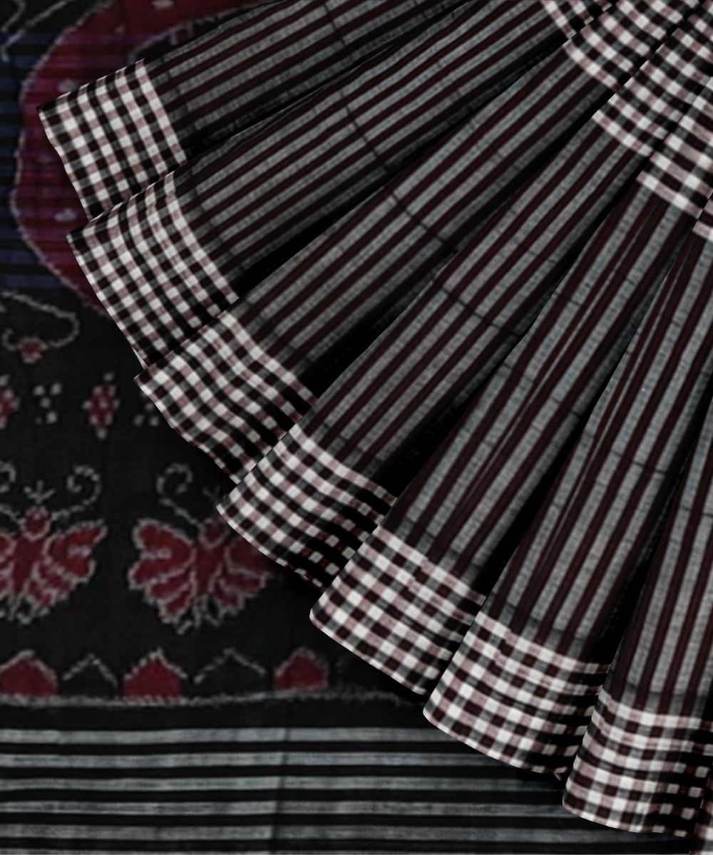 Maroon Black Sambalpuri Handwoven Single Ikat Cotton Saree Image 2