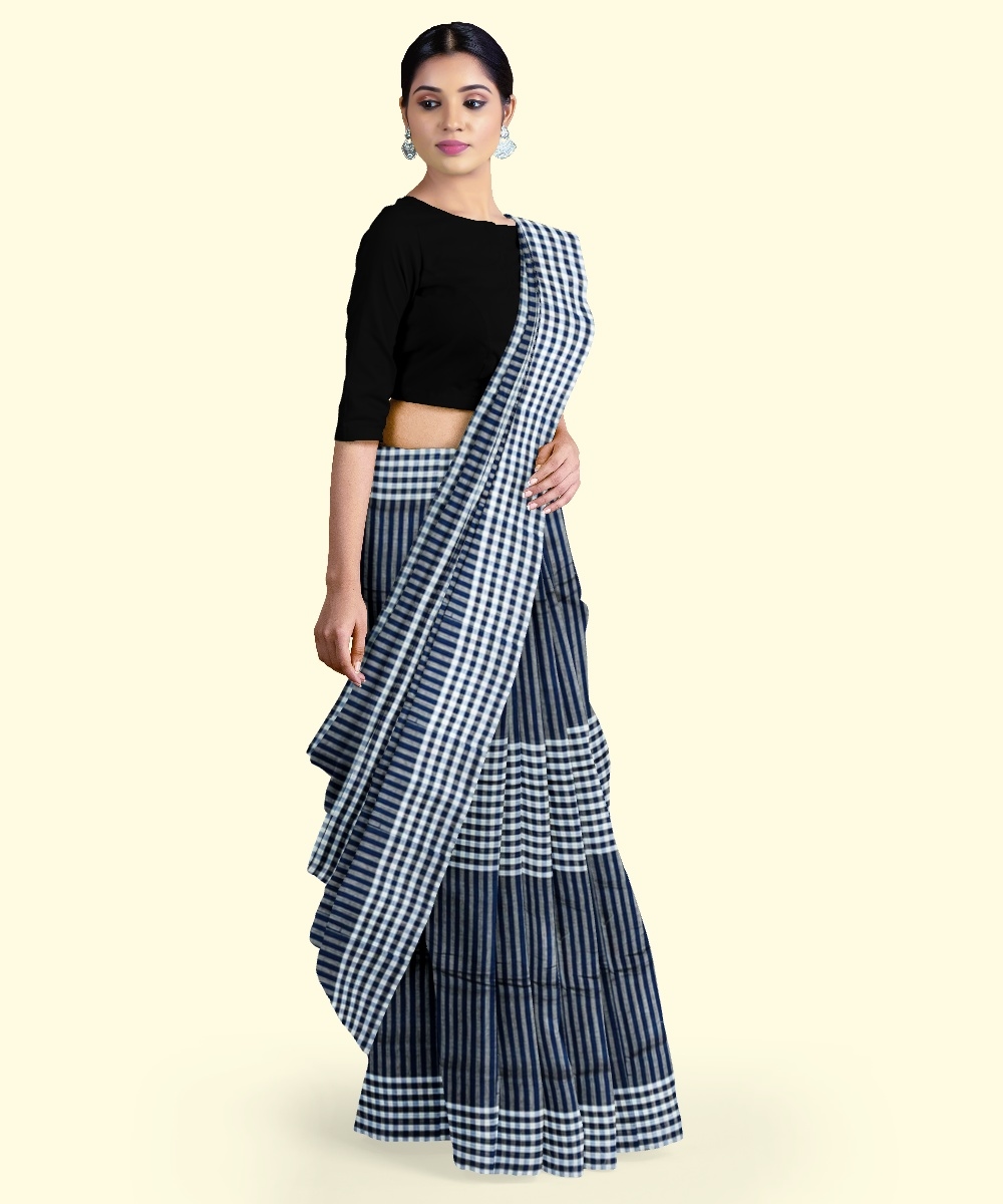 Blue Black Sambalpuri Handwoven Single Ikat Cotton Saree Image 2