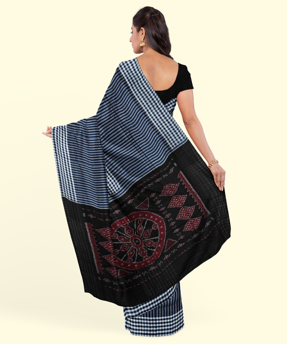 Blue Black Sambalpuri Handwoven Single Ikat Cotton Saree Image 4