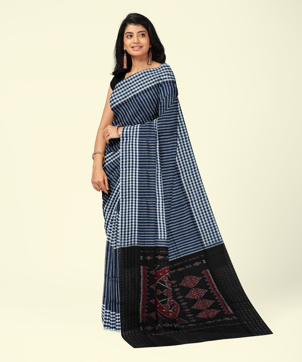 Blue Black Sambalpuri Handwoven Single Ikat Cotton Saree Image 1