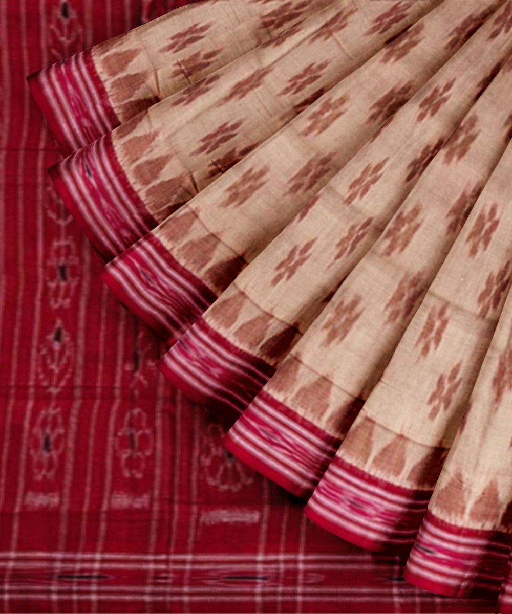 Beige Red Sambalpuri Handwoven Single Ikat Cotton Saree Image 2