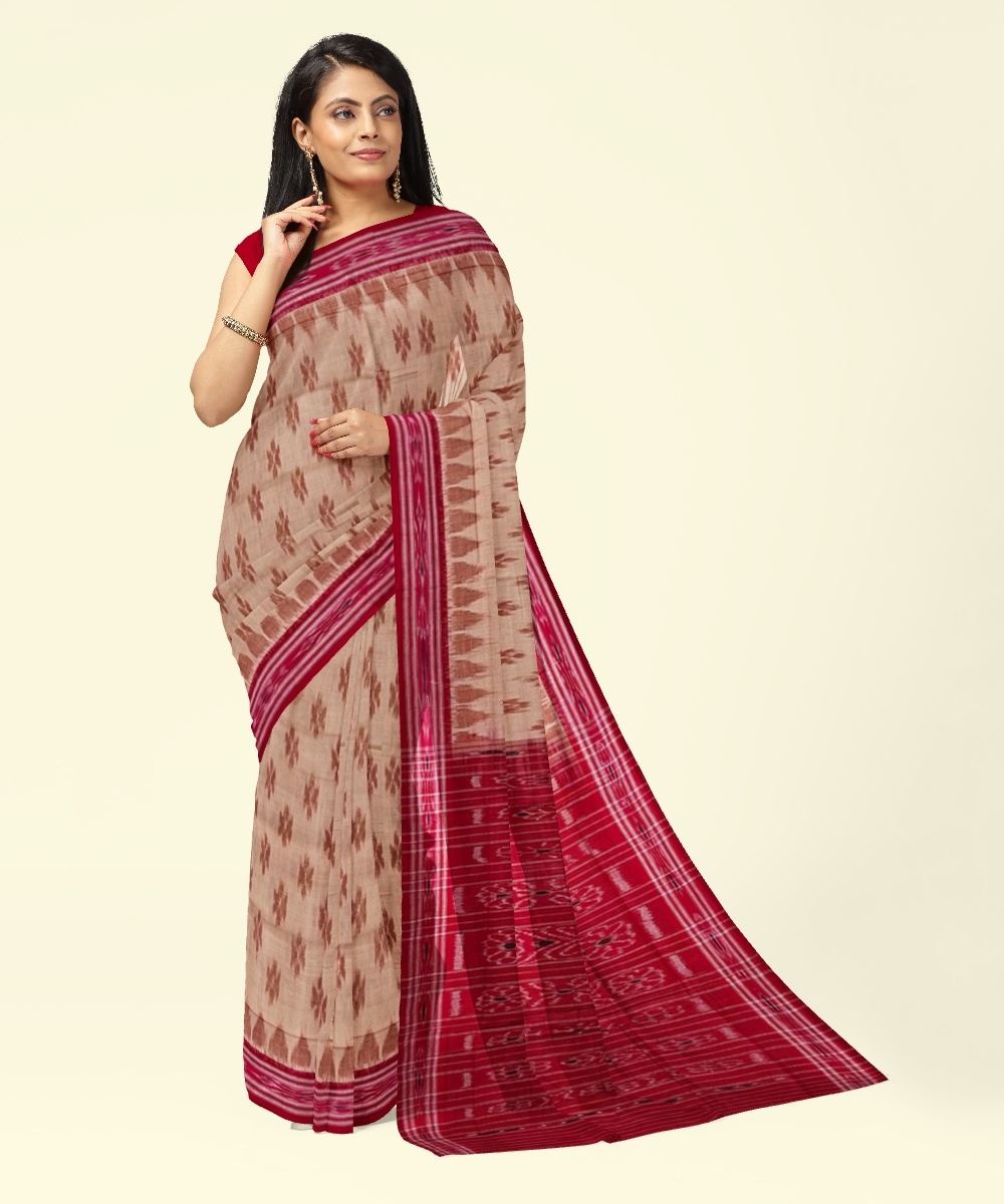 Beige Red Sambalpuri Handwoven Single Ikat Cotton Saree Image 4