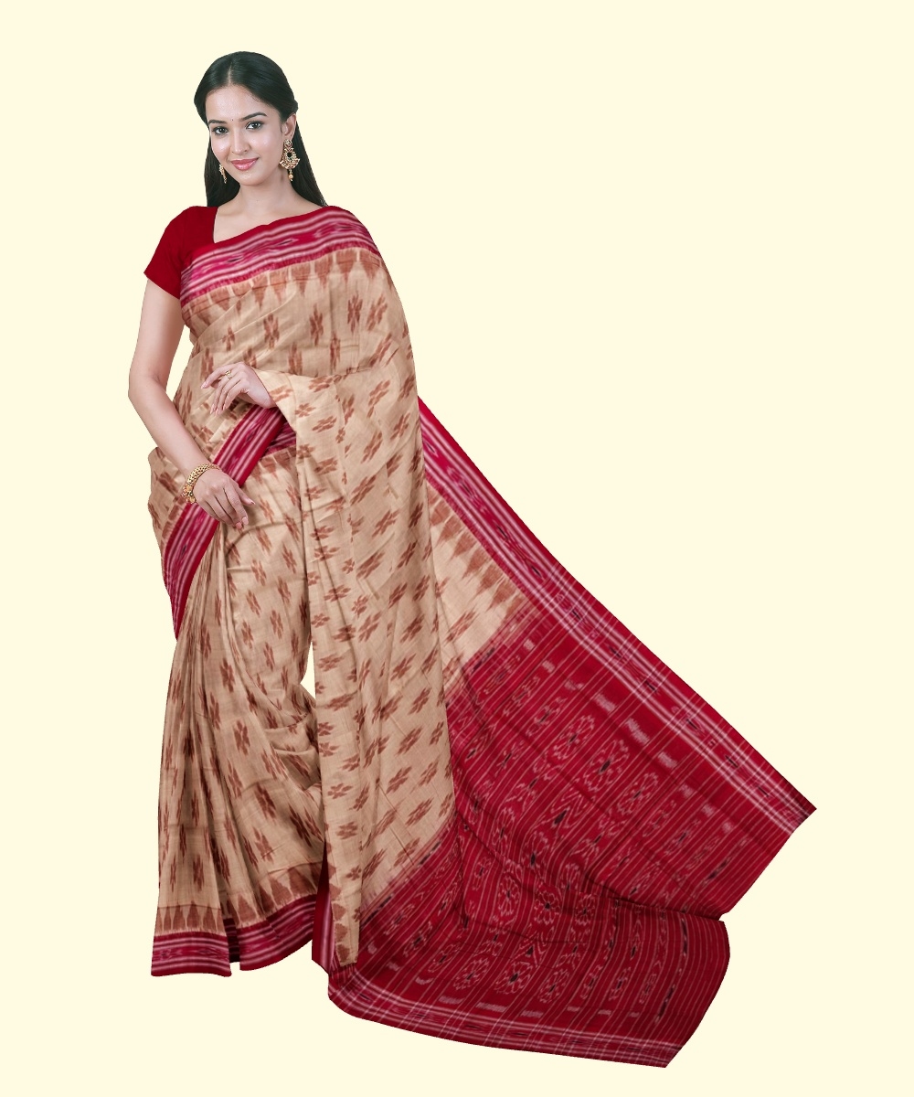 Beige Red Sambalpuri Handwoven Single Ikat Cotton Saree Image 1