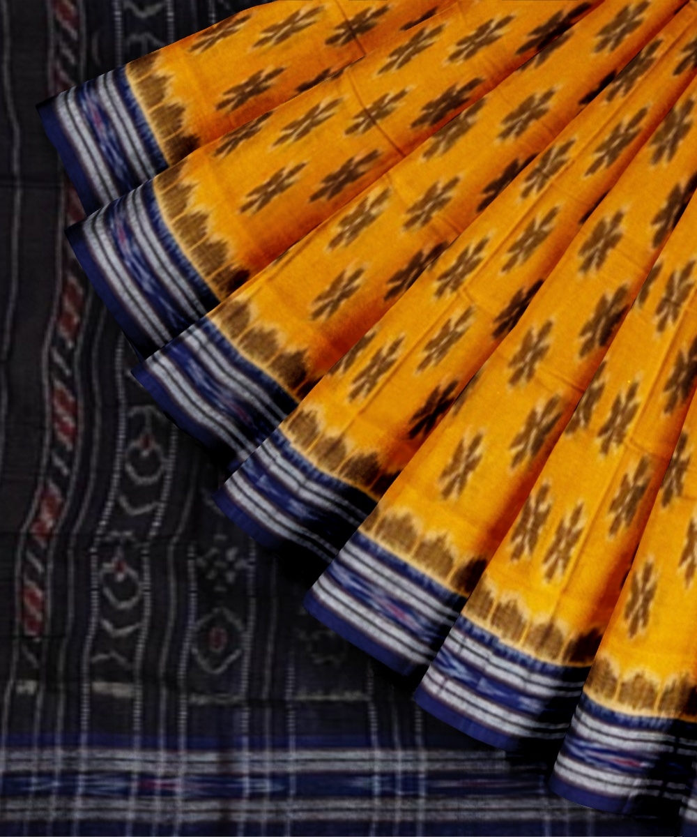 Yellow Black Sambalpuri Handwoven Single Ikat Cotton Saree Image 3