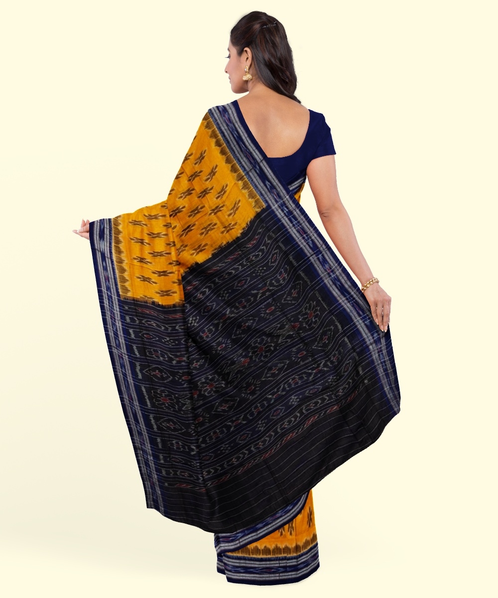 Yellow Black Sambalpuri Handwoven Single Ikat Cotton Saree Image 4
