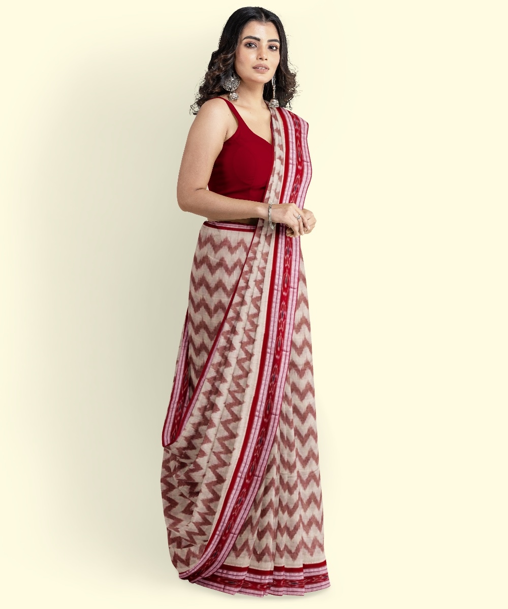 Beige Red Sambalpuri Handwoven Single Ikat Cotton Saree Image 3