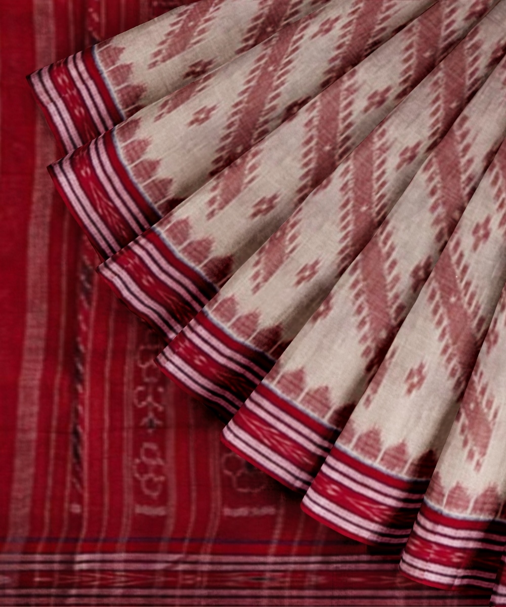 Beige Red Sambalpuri Handwoven Single Ikat Cotton Saree Image 3