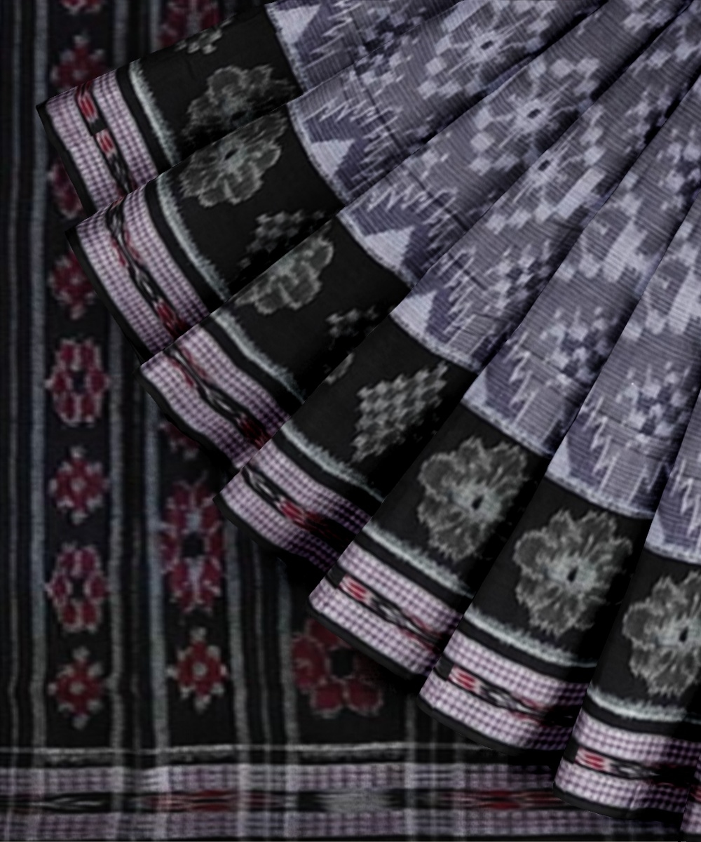 Gray Black Sambalpuri Handwoven Single Ikat Cotton Saree Image 2