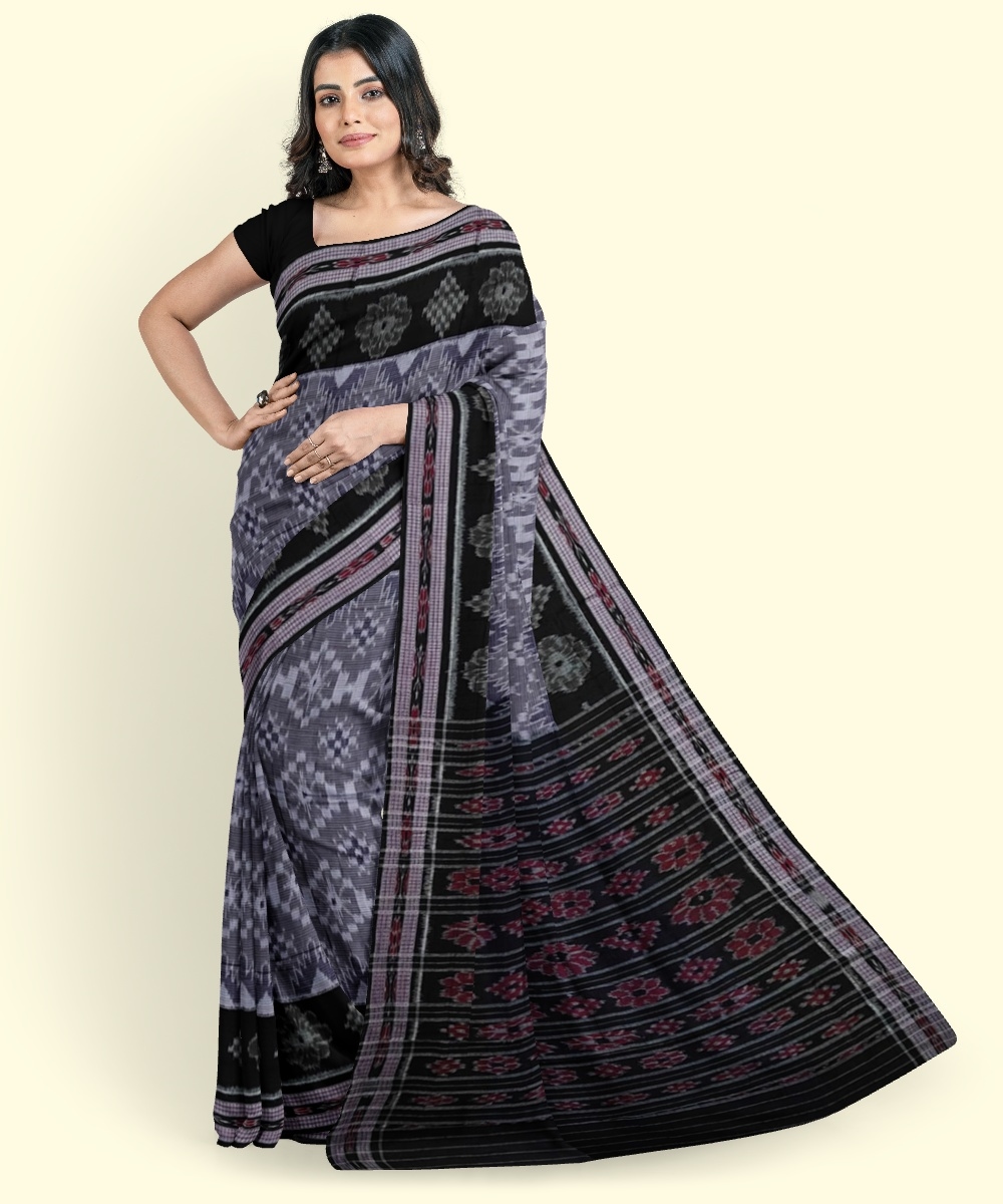 Gray Black Sambalpuri Handwoven Single Ikat Cotton Saree Image 4