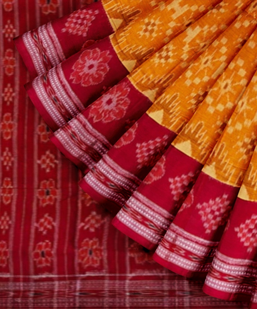 Yellow Red Sambalpuri Handwoven Single Ikat Cotton Saree Image 2
