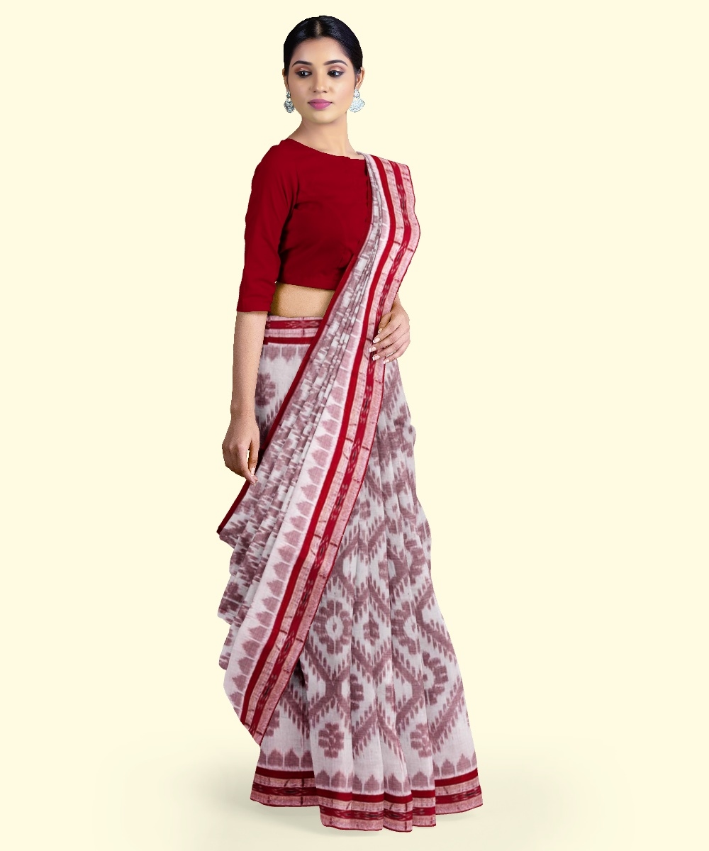 White Red Sambalpuri Handwoven Single Ikat Cotton Saree Image 2