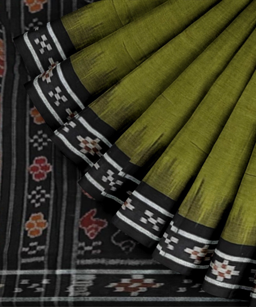 Olive Black Sambalpuri Handwoven Single Ikat Cotton Saree Image 2