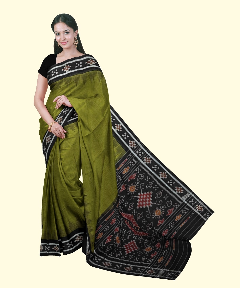 Olive Black Sambalpuri Handwoven Single Ikat Cotton Saree Image 1