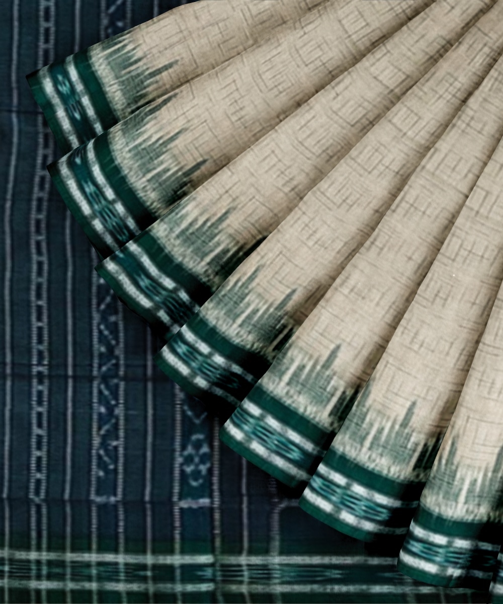 Offwhite Green Sambalpuri Handwoven Single Ikat Cotton Saree Image 2
