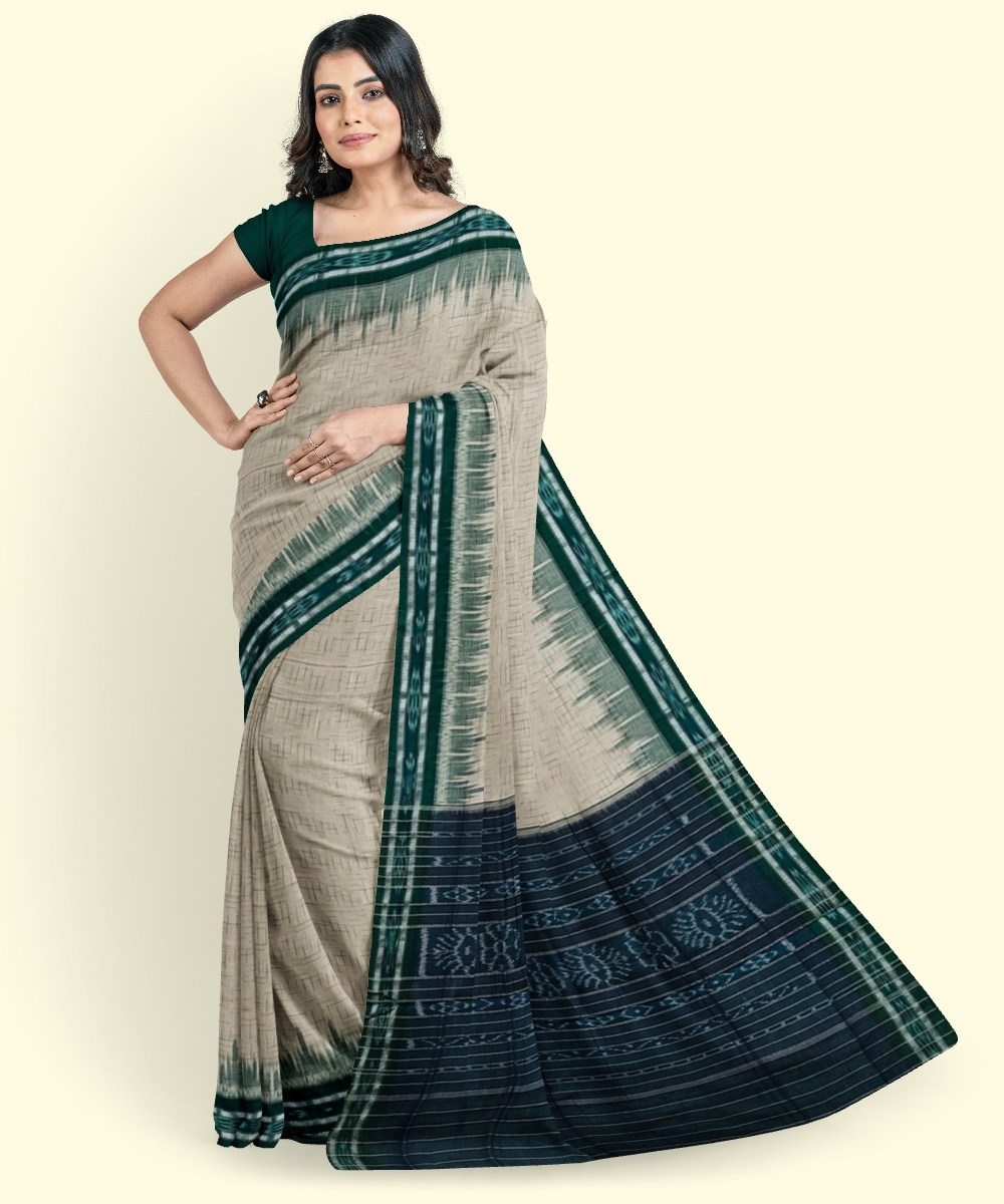 Offwhite Green Sambalpuri Handwoven Single Ikat Cotton Saree Image 1