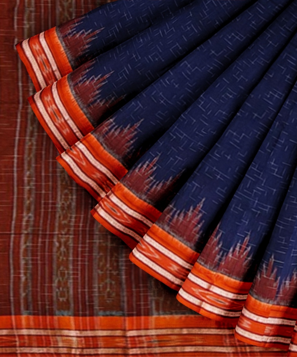 Blue Orange Sambalpuri Handwoven Single Ikat Cotton Saree Image 3