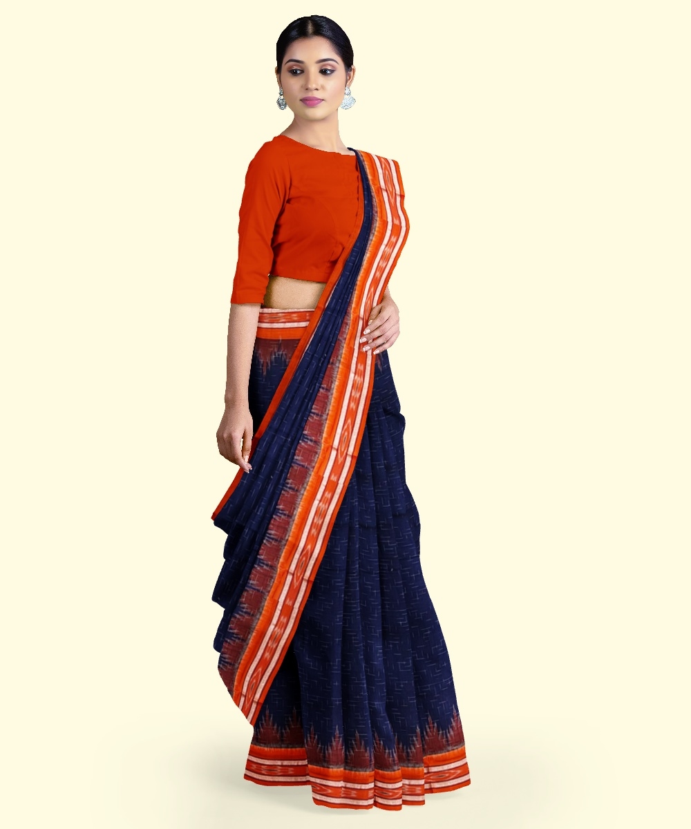 Blue Orange Sambalpuri Handwoven Single Ikat Cotton Saree Image 2