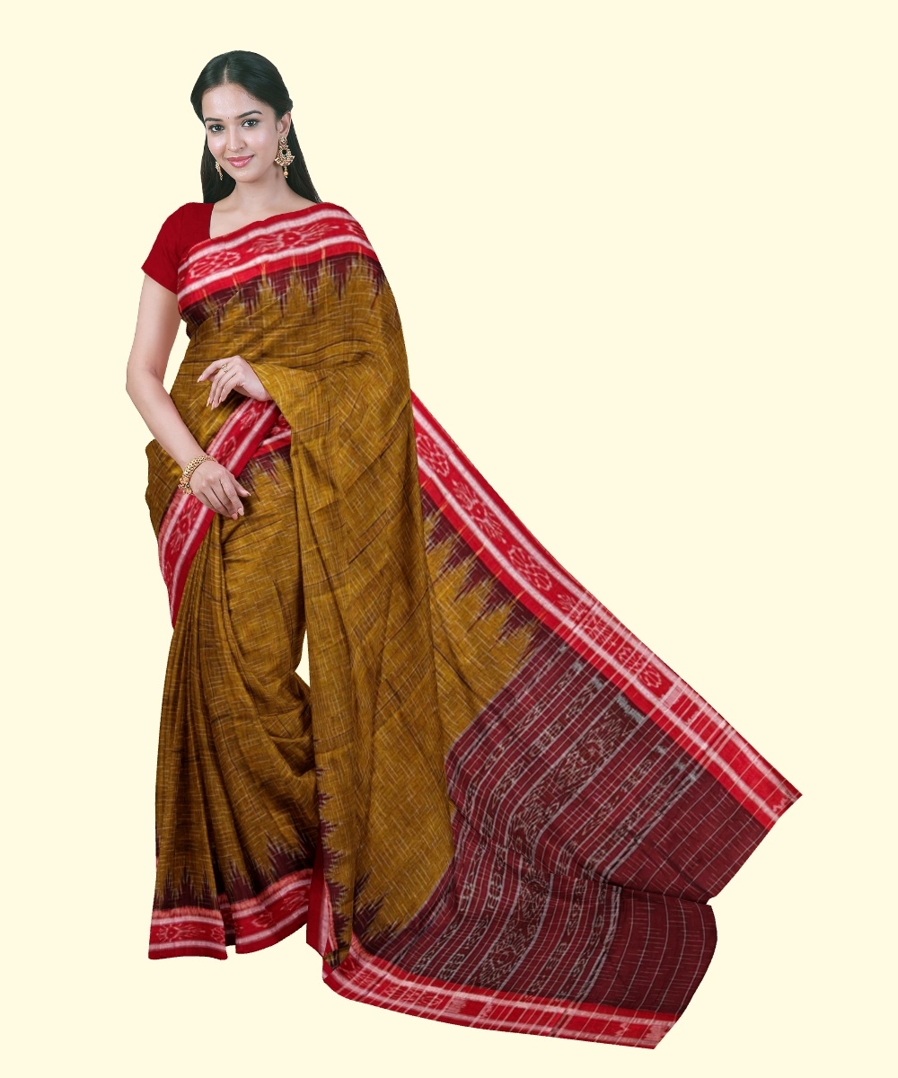Rust Maroon Sambalpuri Handwoven Single Ikat Cotton Saree Image 1