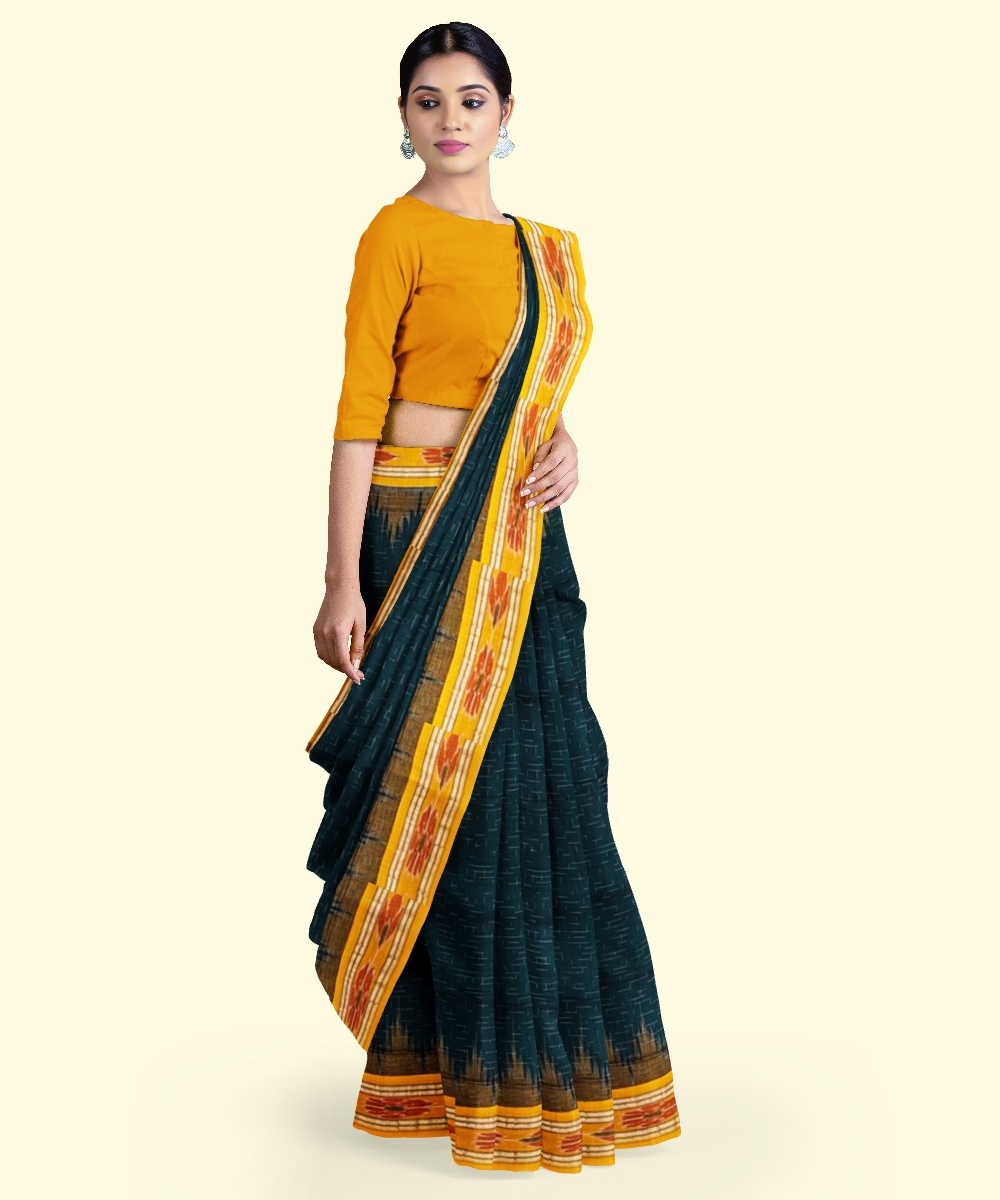 Green Yellow Sambalpuri Handwoven Single Ikat Cotton Saree Image 2