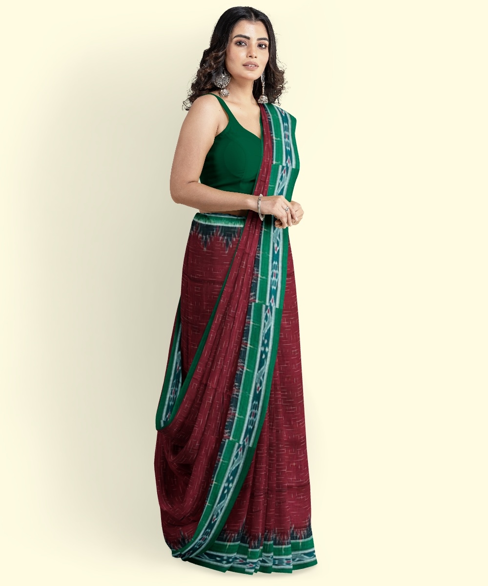 Maroon Green Sambalpuri Handwoven Single Ikat Cotton Saree Image 4