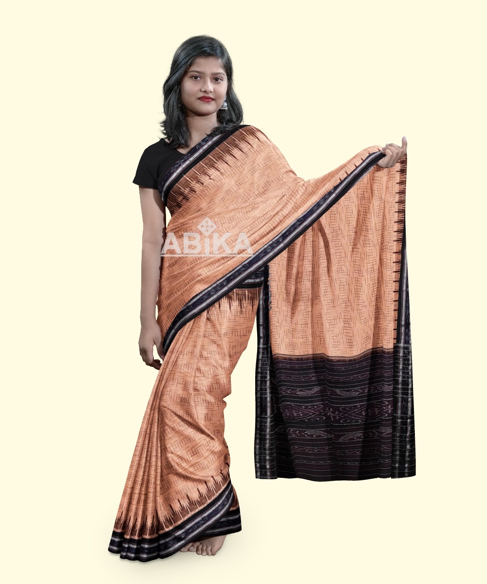 Beige Black Sambalpuri Handwoven Single Ikat Cotton Saree Image 2