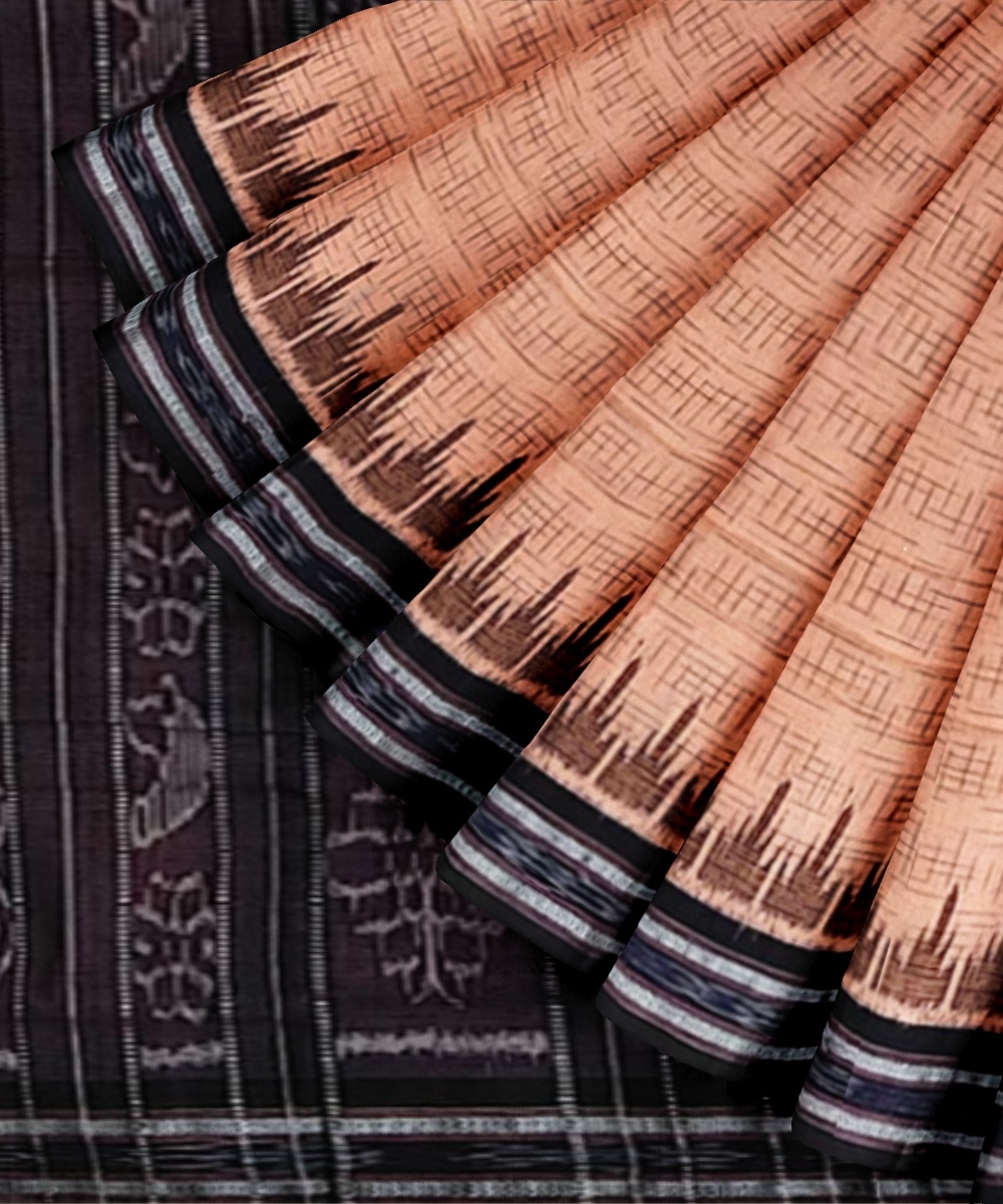 Beige Black Sambalpuri Handwoven Single Ikat Cotton Saree Image 3